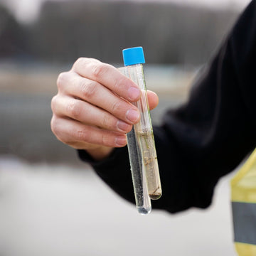 A close-up of a person's hand holding a clear plastic test tube with a bright blue cap, containing a cloudy liquid sample, with an outdoor blurred background.