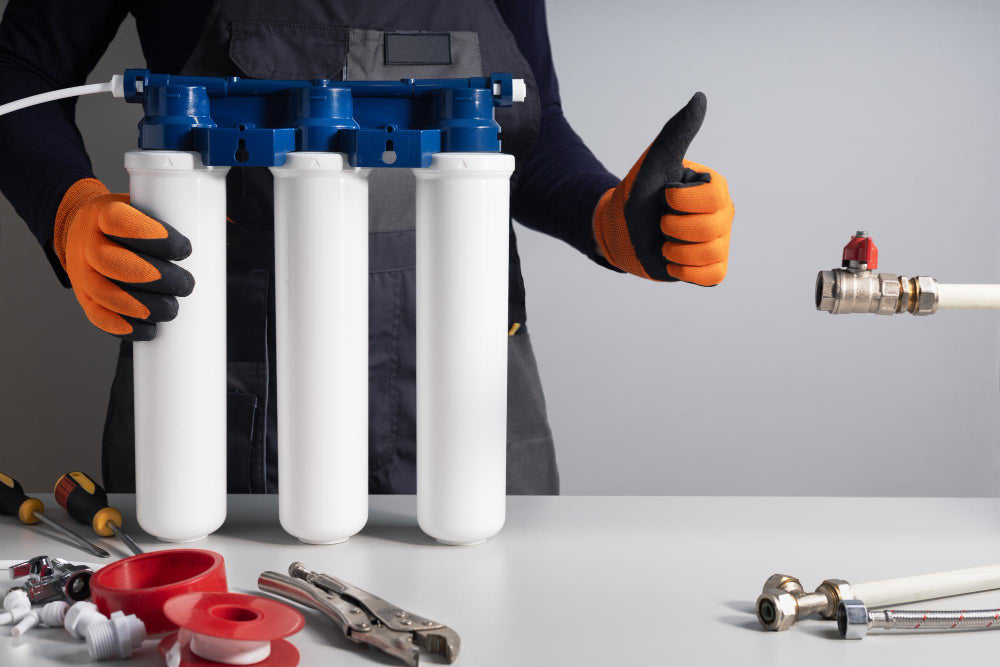 A person wearing orange and black gloves holds a three-cartridge water filter system with a blue top housing. The scene is set on a white table with plumbing tools and fittings, against a neutral gray background.