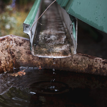Close-up of a green gutter with water dripping from it, set against a natural background.