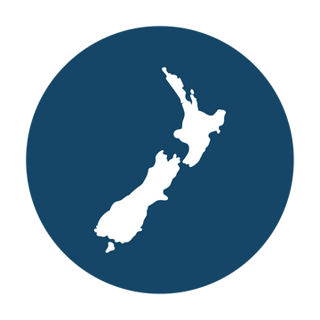 A simple graphic icon showing the outline of New Zealand inside a dark blue circle on a white background.