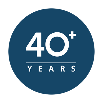 A circular navy blue badge with white text reading '40+ YEARS'.