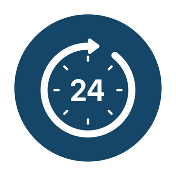 A dark blue circular icon featuring a white clock outline with an arrow at the top and the number 24 in the center, set on a plain white background.