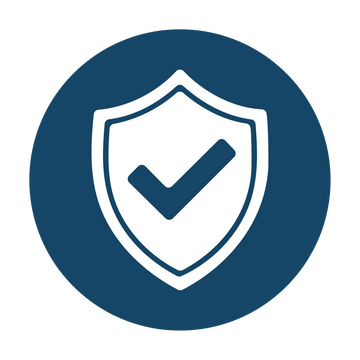 A dark blue circular icon with a white shield and checkmark symbol inside, centered on a light gray background.