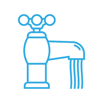 A simple blue line icon of a faucet with water flowing from the spout, centered on a light gray background.