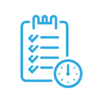 A blue outline icon of a clipboard with checked items and a clock on a plain white background.