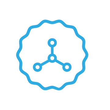 A light blue line icon of a three-branch molecular structure enclosed in a scalloped circular frame, centered on a plain white background.