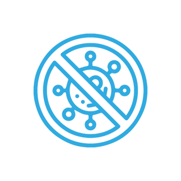 A blue circular prohibition symbol with a virus or coronavirus-like line icon crossed out, centered on a plain white background.